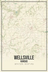 Retro US city map of Wellsville, Kansas. Vintage street map.