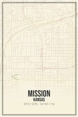 Retro US city map of Mission, Kansas. Vintage street map.