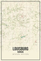 Retro US city map of Louisburg, Kansas. Vintage street map.