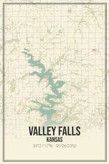 Retro US city map of Valley Falls, Kansas. Vintage street map.