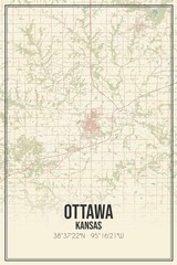 Retro US city map of Ottawa, Kansas. Vintage street map.