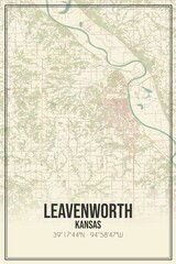Retro US city map of Leavenworth, Kansas. Vintage street map.