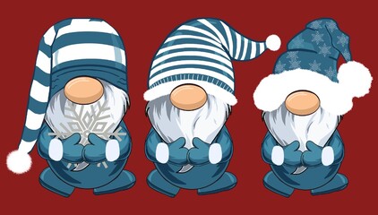 Hand drawn set of cute winter snowflake holiday gnomes wearing blue on an isolated Christmas red background. 