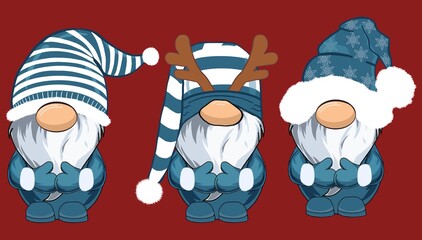 Hand drawn set of cute winter snowflake holiday gnomes wearing blue on an isolated Christmas red background. 