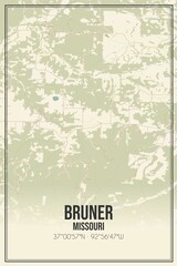 Retro US city map of Bruner, Missouri. Vintage street map.