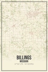 Fototapeta na wymiar Retro US city map of Billings, Missouri. Vintage street map.