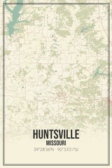 Retro US city map of Huntsville, Missouri. Vintage street map.