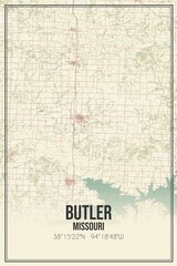Retro US city map of Butler, Missouri. Vintage street map.