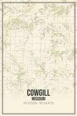 Retro US city map of Cowgill, Missouri. Vintage street map.