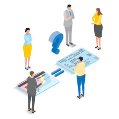 アイソメトリック_マイナンバーカードを健康保険証として使用がわからない人々をイメージしたイラスト