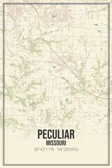 Retro US city map of Peculiar, Missouri. Vintage street map.