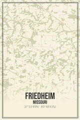 Retro US city map of Friedheim, Missouri. Vintage street map.