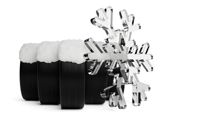 New, unused car tires covered with snow with abstract snowflake stadning on white background, winter tire transportation concept
