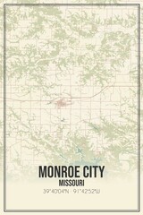 Retro US city map of Monroe City, Missouri. Vintage street map.