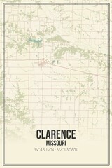 Retro US city map of Clarence, Missouri. Vintage street map.