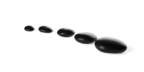 Bow or row of black zen pebbles or stones on white background with copy space, 3D illustration, zen, spa or beauty therapy concept