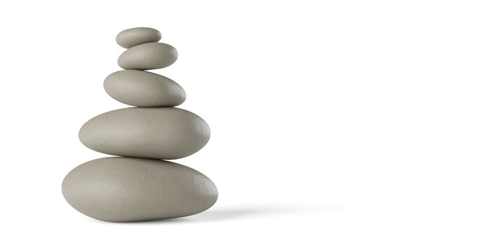 Stack of brown balancing zen pebbles or stones on white background with copy space, 3D illustration, zen, spa or beauty therapy concept