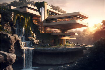 Villa House Building above falling water in a deconstructivist style, cantilevered architecture over a waterfall, lush landscape,  cliff side, futuristic, digital illustration art