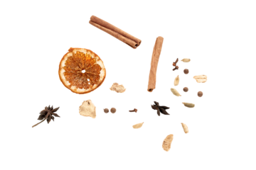 png. a set of spices for a warming drink in winter. ingredients for winter hot drinks (tea, mulled wine, punch).