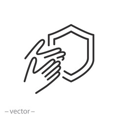 hand skin protection icon, shield and gauntlets, dermatologically tested, thin line symbol on white background - editable stroke vector illustration