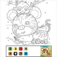 Fototapeta premium Number coloring page for children. Cute cartoon tiger. Jungle animals. Learn numbers and colors. Educational game