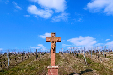Fototapeta na wymiar vineyard in the Rheingau area with old sandstone crucifix with Jesus