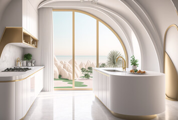 Minimalist Modern Kitchen Sea View, House Sea View, 3D illustration Scandinavian Interior Design, Luxury Hotel Ocean View