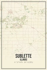 Retro US city map of Sublette, Illinois. Vintage street map.