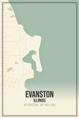 Retro US city map of Evanston, Illinois. Vintage street map.