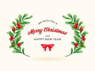 Fototapeta na wymiar Merry Christmas and Happy New Year greeting card. Watercolor floral border illustration vector.