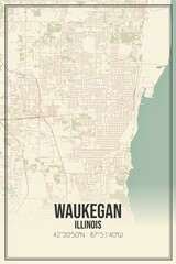 Retro US city map of Waukegan, Illinois. Vintage street map.