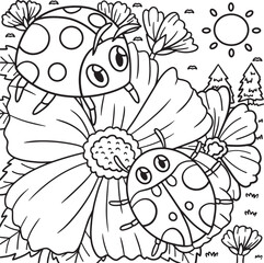 Spring Ladybugs On Flower Coloring Page for Kids
