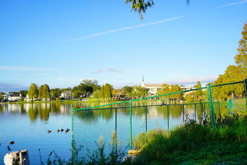 Fototapeta premium Sun set Landscape of city center of lakeland Florida