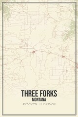 Retro US city map of Three Forks, Montana. Vintage street map.