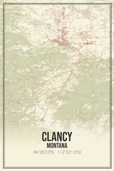 Retro US city map of Clancy, Montana. Vintage street map.