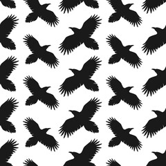 Silhouettes of flying ravens. Black and white seamless pattern. Best for textile, wallpapers, wrapping paper, package and decoration.