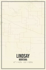 Retro US city map of Lindsay, Montana. Vintage street map.