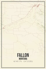 Retro US city map of Fallon, Montana. Vintage street map.