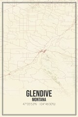 Retro US city map of Glendive, Montana. Vintage street map.