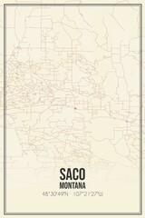 Retro US city map of Saco, Montana. Vintage street map.