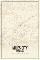 Retro US city map of Miles City, Montana. Vintage street map.