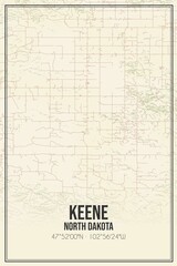 Retro US city map of Keene, North Dakota. Vintage street map.