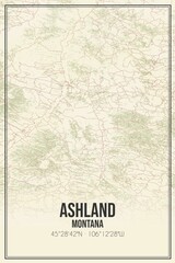 Retro US city map of Ashland, Montana. Vintage street map.