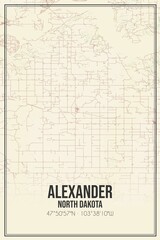Retro US city map of Alexander, North Dakota. Vintage street map.