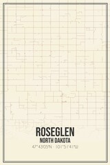 Retro US city map of Roseglen, North Dakota. Vintage street map.