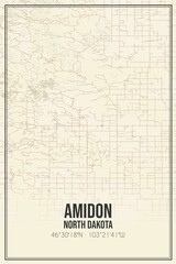 Retro US city map of Amidon, North Dakota. Vintage street map.
