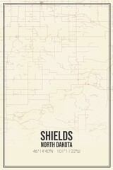 Retro US city map of Shields, North Dakota. Vintage street map.
