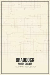 Retro US city map of Braddock, North Dakota. Vintage street map.
