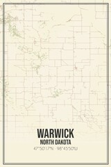 Retro US city map of Warwick, North Dakota. Vintage street map.