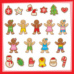 Beautiful and inclusive gingerbread cookies pack with christmas decoration (santa claus, bell, star, snowflake, etc) and no binary, disabled, different races, sexual orientation and genders characters
